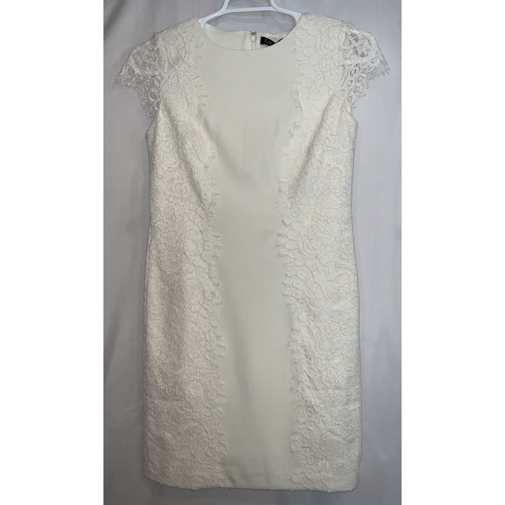 NWT Women's Lauren Ralph Lauren Ivory Sheath Dress Knee Length Lace Overlay Sz 4